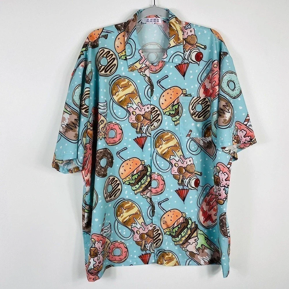 Men's Size 2XL Junk Food Graphic Print Button Shirt Blue Donuts Burgers